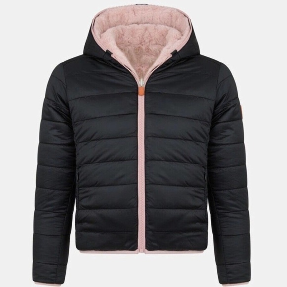 Save the Duck Girls Mimi Black Pink Reversible "Animal Free" Jacket Size 12